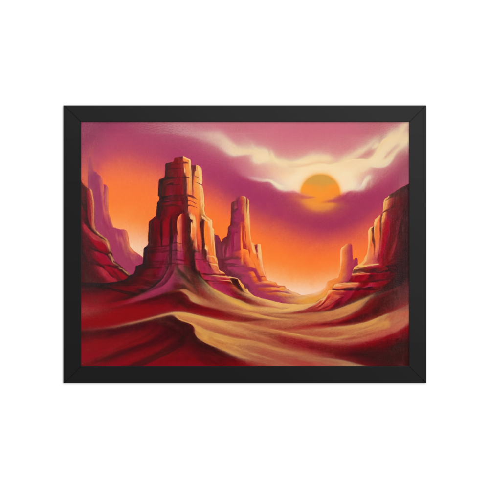 'Crimson Canyons' — a Realism print. A vibrant, smooth depiction of desert mesas at sunset, bringing a warm glow to a Living Room.