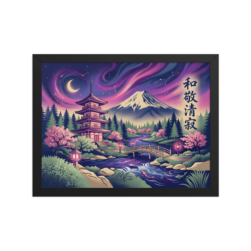 'Aurora Over Fuji' — a Japanese art print. A vibrant Japanese landscape featuring Mount Fuji, a pagoda, and cherry blossoms under a starry sky, bringing calm to a Bedroom.
