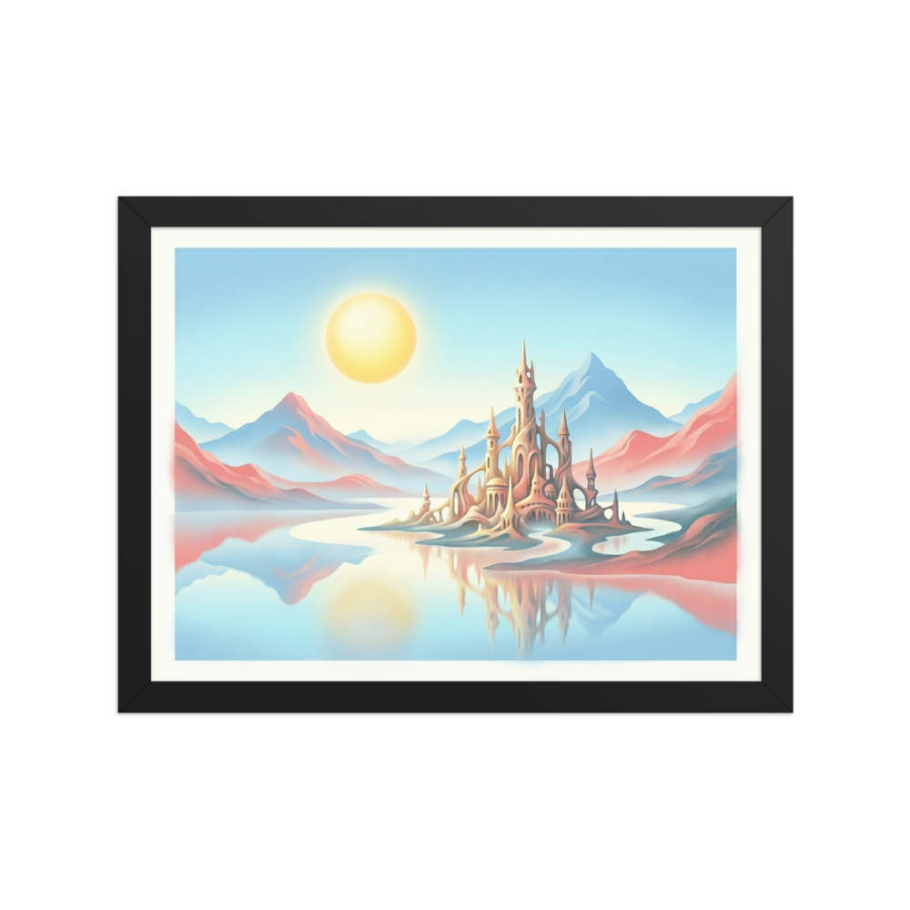 'The Pastel Palace' — a Fantastic realism print. A magical pastel palace reflecting on water under a large sun, perfect for adding wonder to a Playroom.
