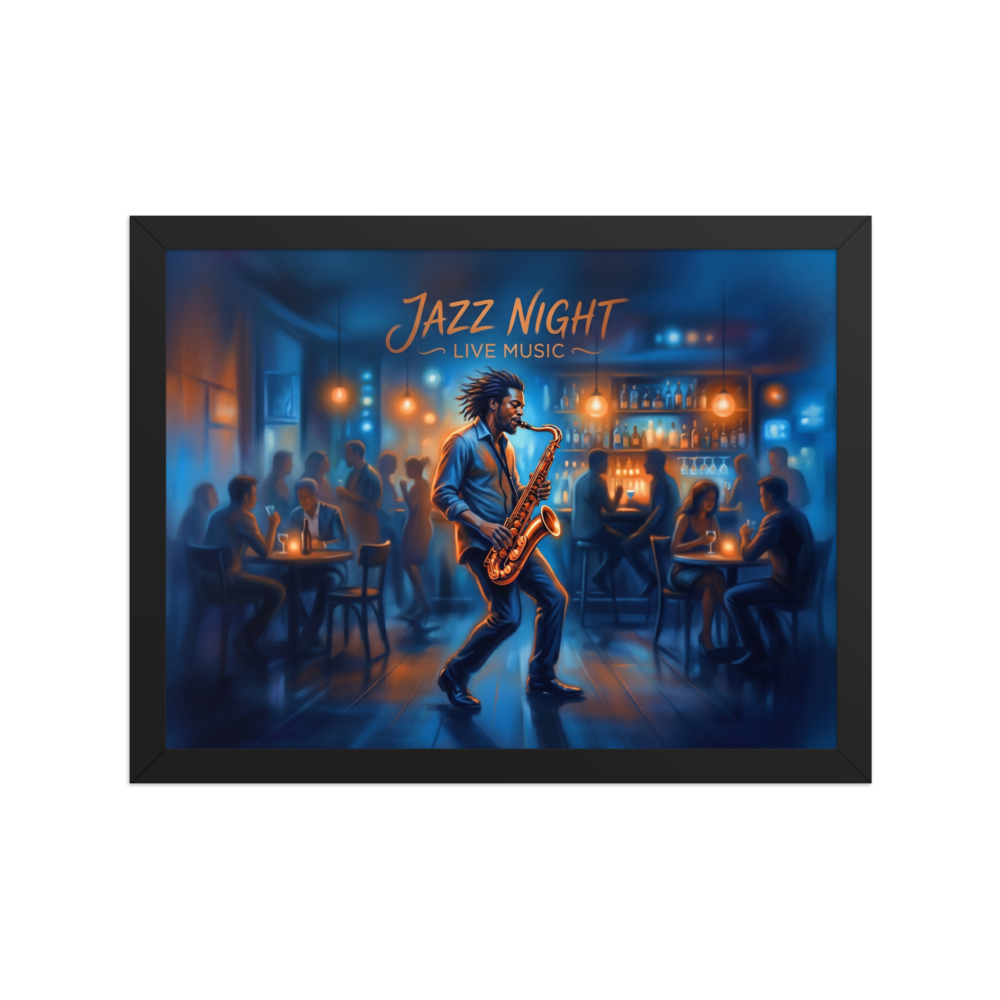 'Midnight Jazz Session' — a Modernism print. A lively jazz club scene with a saxophonist playing under warm orange lights, perfect for setting the mood in a Home Bar / Cellar.