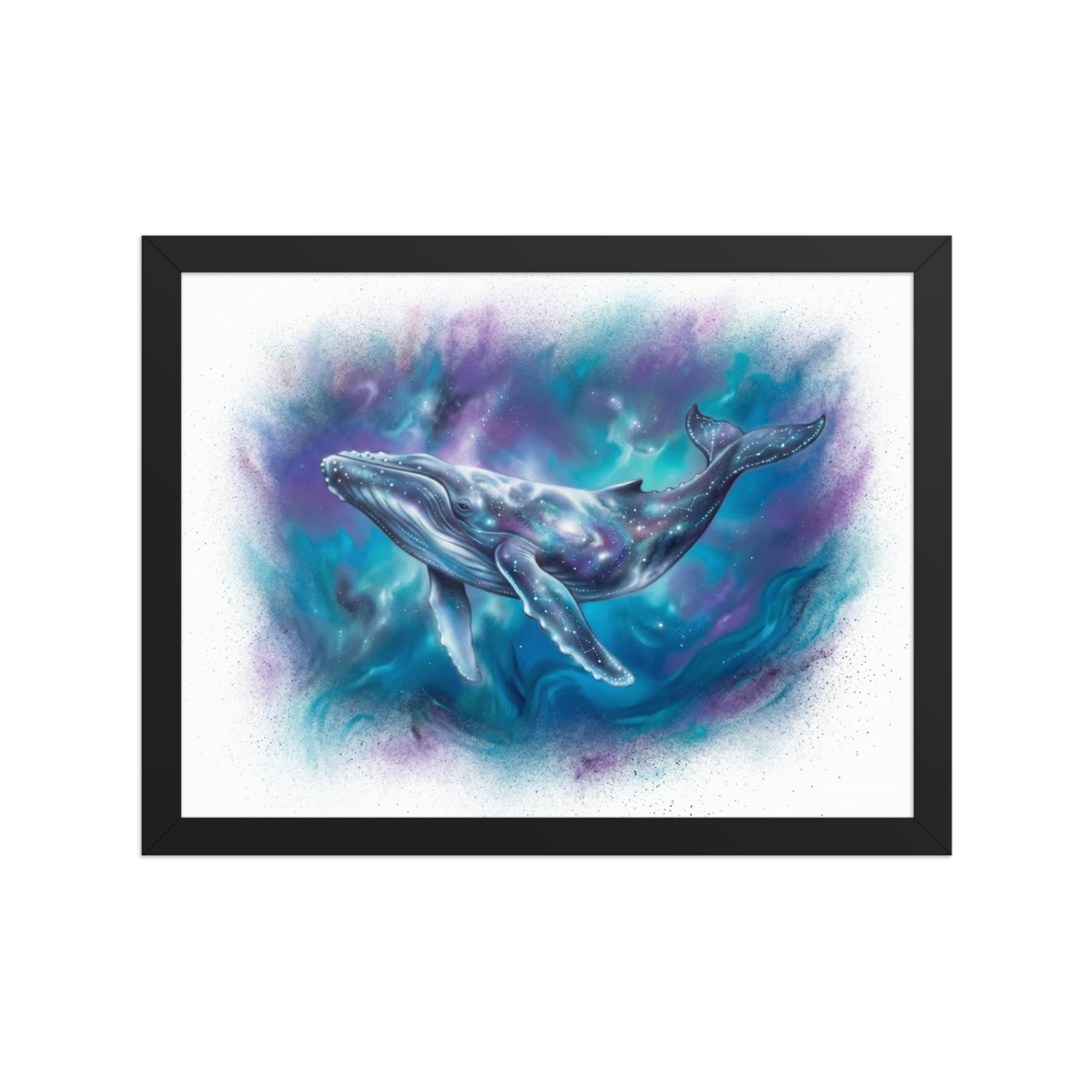 'Cosmic Voyager' — a Fantastic realism print. A magnificent whale swimming through a colorful, starry nebula, bringing deep space mystery to a Bedroom.