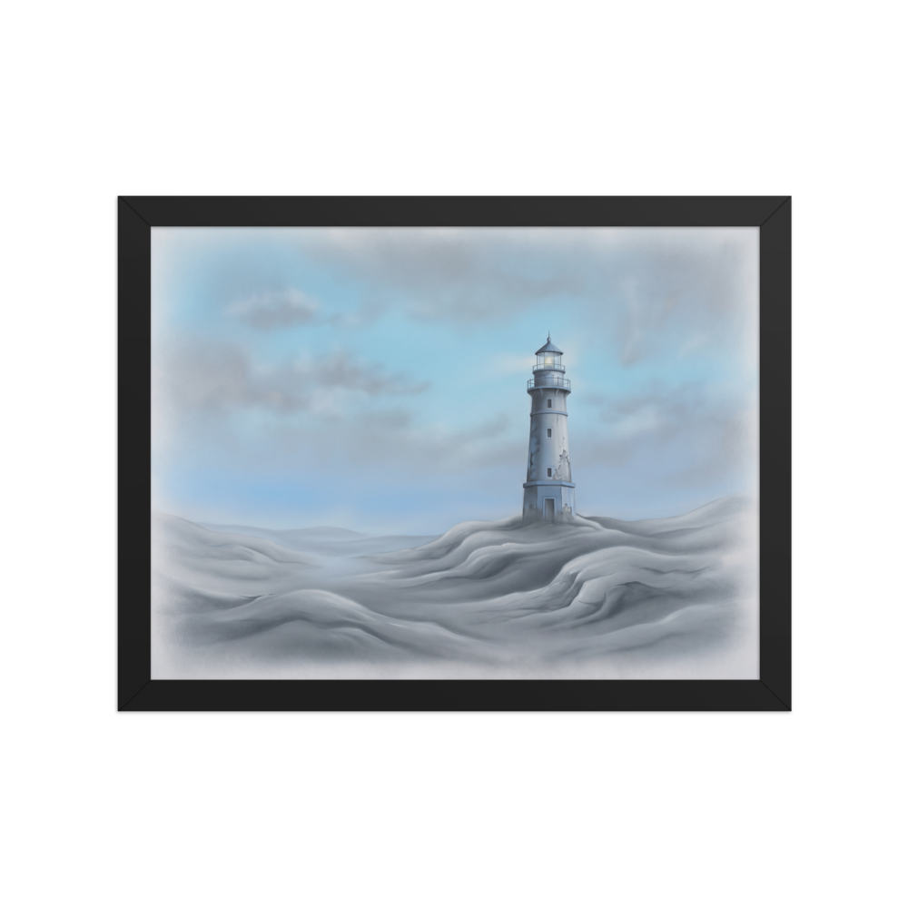 'The Silent Beacon' — a Realism print. A lonely lighthouse standing on soft, flowing dunes under an overcast sky, adding serenity to a Bathroom.