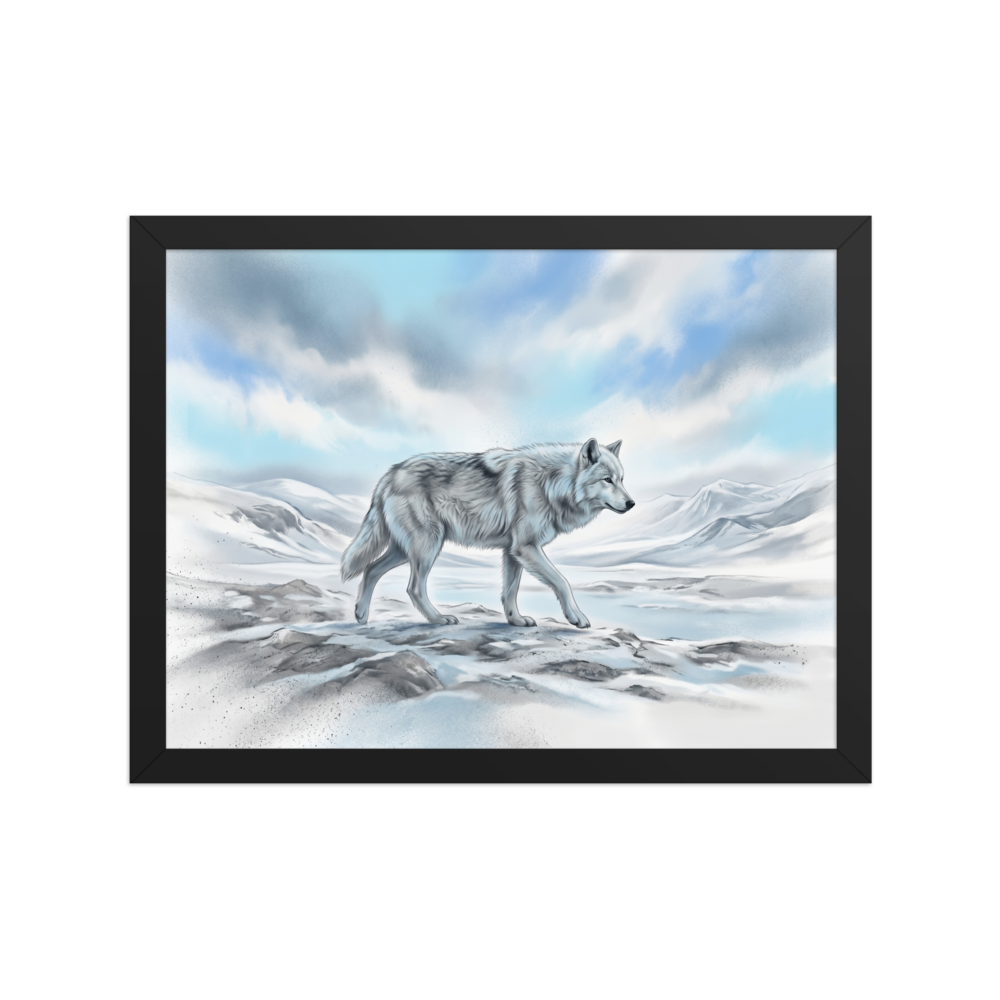 'Solitary Frost' — a Realism print. A majestic white wolf walking across a snowy landscape, perfect for a rustic cabin wall.