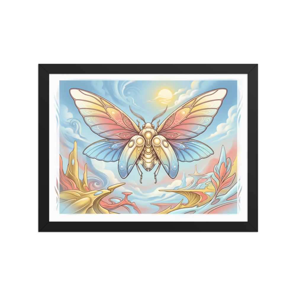 'Celestial Metamorphosis' — a Surrealism print. A stylized, glowing butterfly floating over a surreal pastel landscape, adding a dreamy touch to a bedroom.