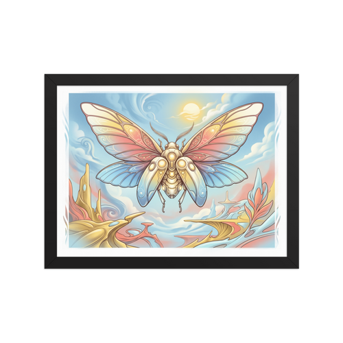 'Celestial Metamorphosis' — a Surrealism print. A stylized, glowing butterfly floating over a surreal pastel landscape, adding a dreamy touch to a bedroom.