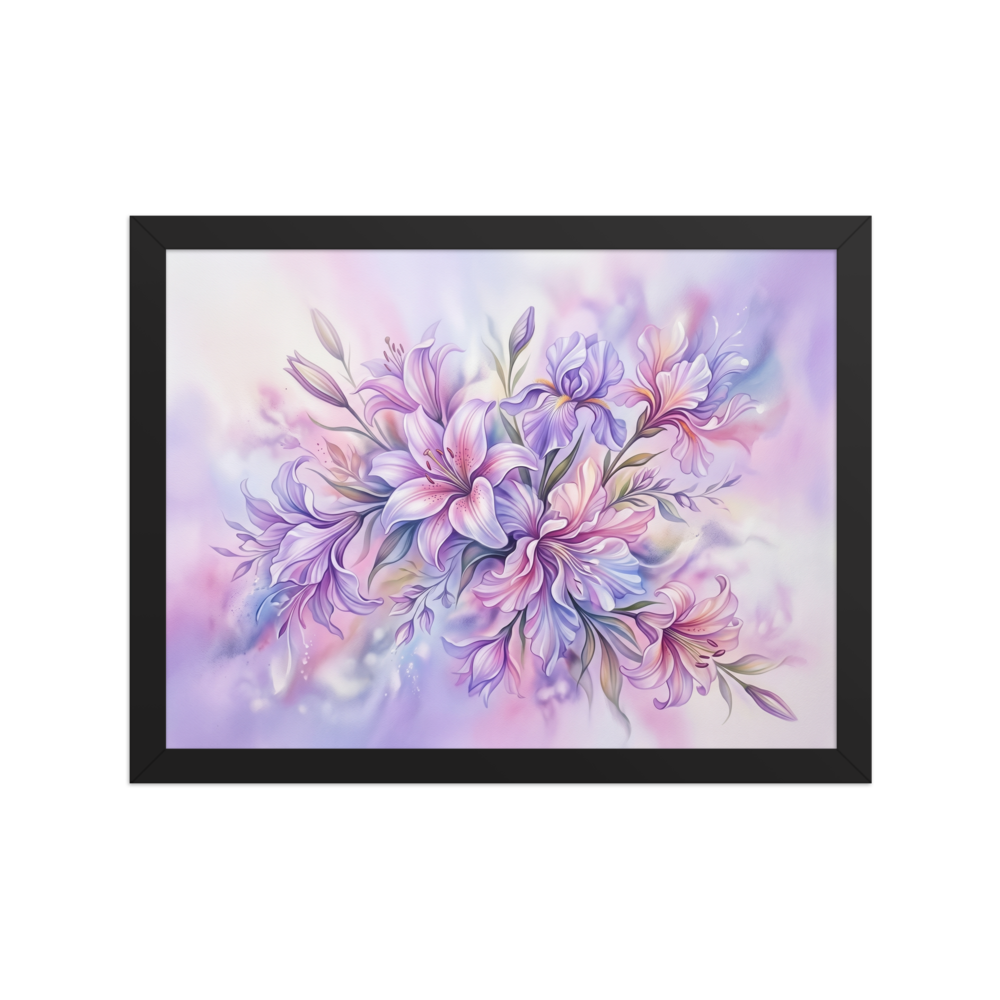 'Pastel Petals' — a Impressionism print. A soft and dreamy airbrush painting of purple and pink lilies, bringing tranquility to a bedroom.