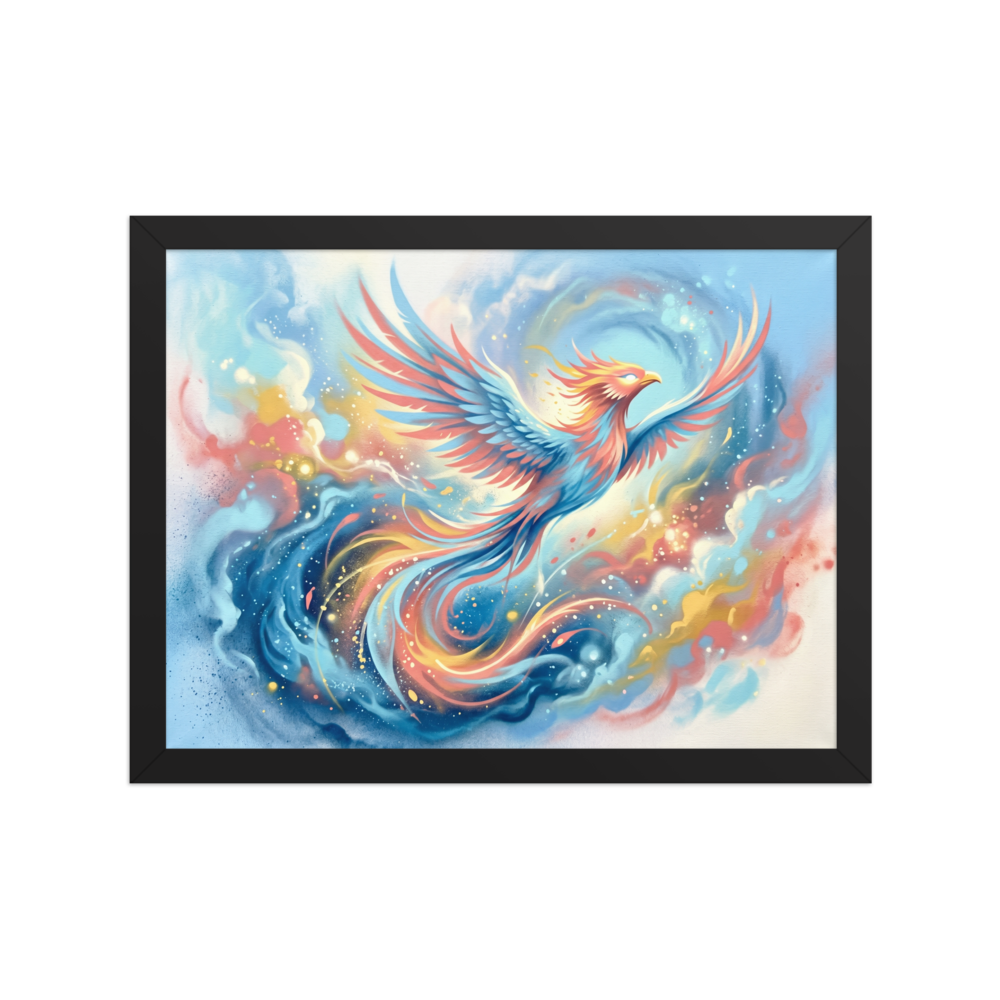 'Phoenix Rising' — a Surrealism print. A vibrant airbrush painting of a majestic phoenix soaring through colorful clouds, adding energy to a living room.