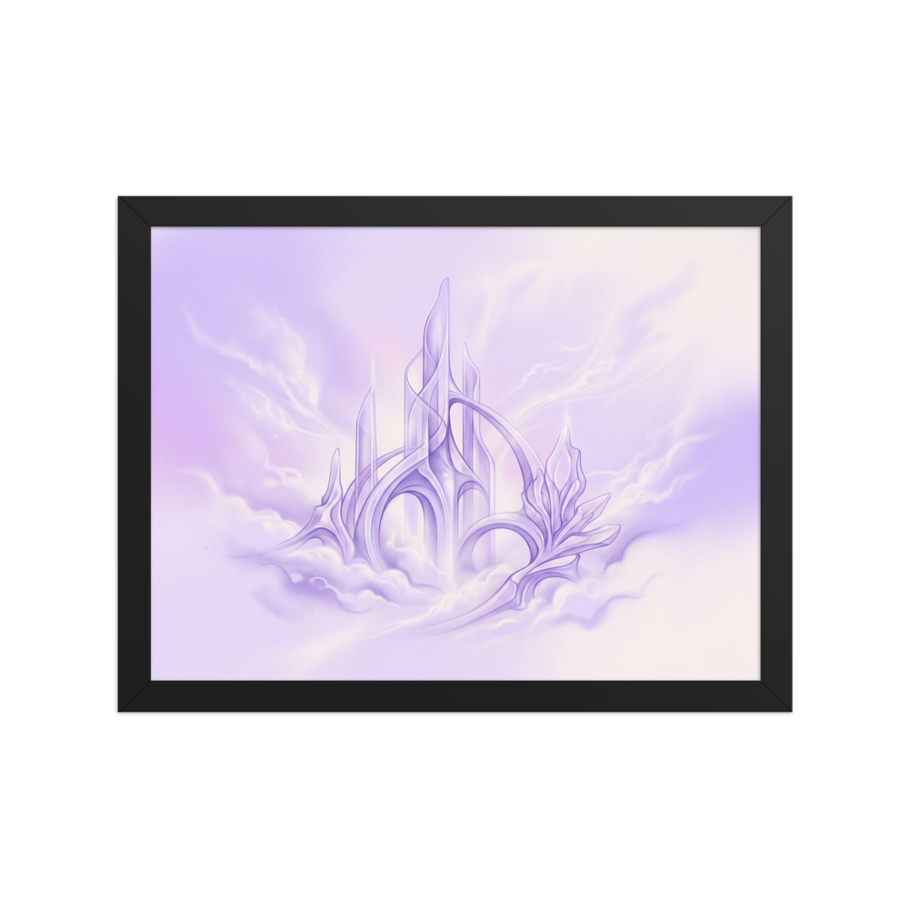 'Cloud City Crystal' — a Surrealism print. A soft pastel airbrush painting of a crystal castle floating in the clouds, perfect for a calming nursery.