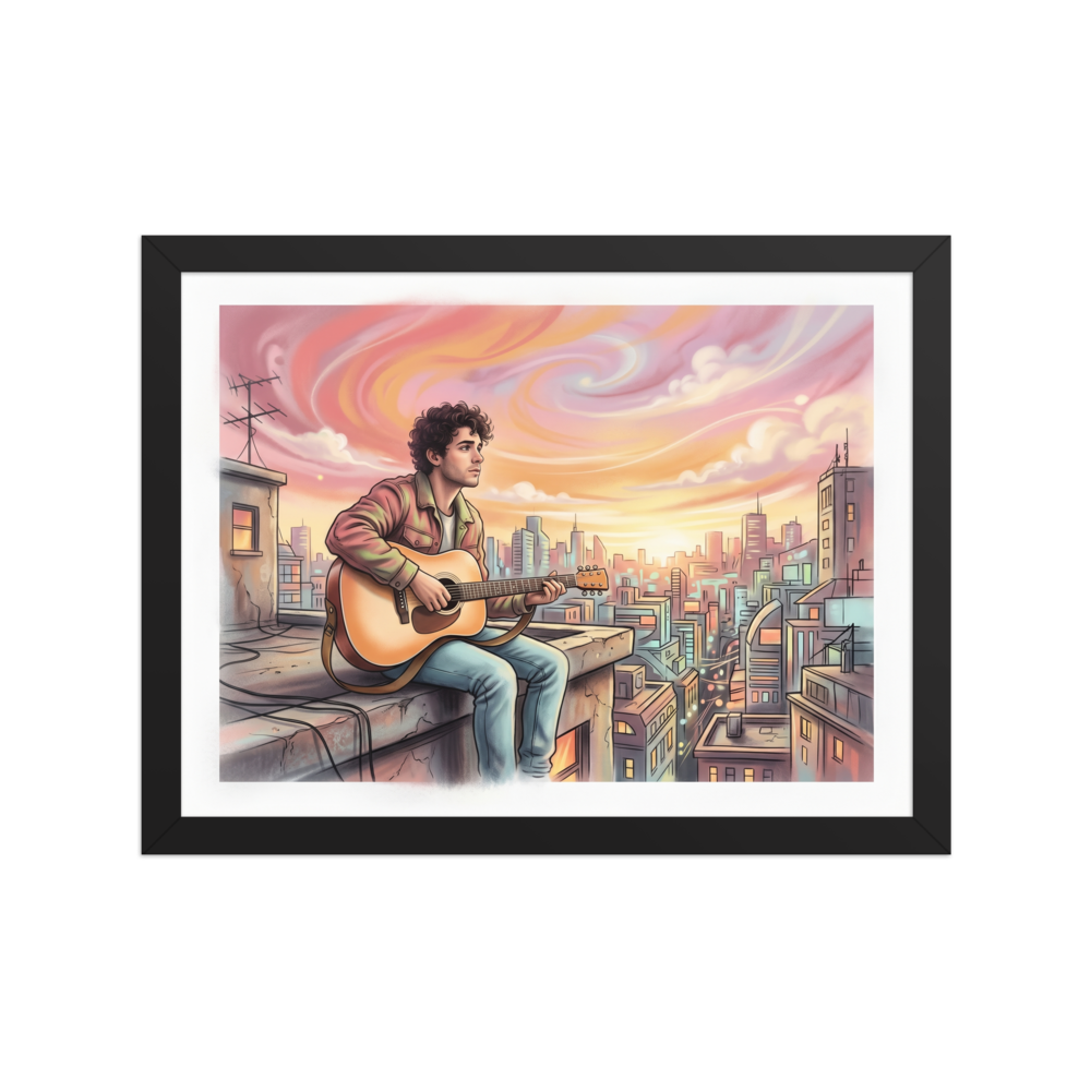 'Rooftop Rhythms' — a American Scene Painting print. An airbrush illustration of a young man playing guitar on a city rooftop at sunset, adding a creative vibe to an office.