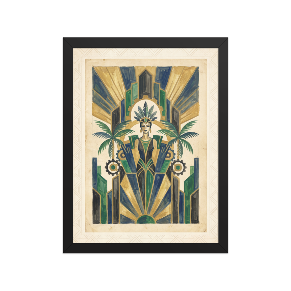 'The Deco Oasis' — a Art Deco print. An Art Deco illustration of a woman with a feather headdress flanked by palm trees and gears, ideal for adding elegance to a living room.