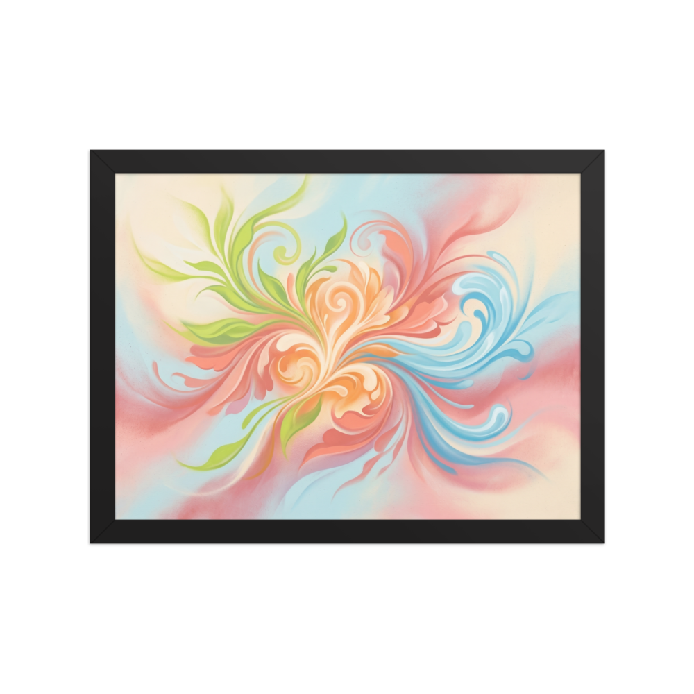 'Whispering Zephyr' — a Abstract art print. An abstract airbrush painting of flowing pastel curves in orange, green, and blue, bringing gentle energy to a sunroom.