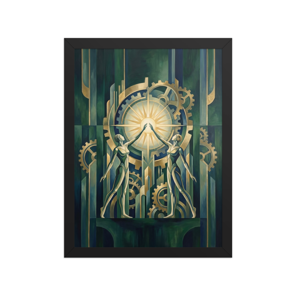 'The Mechanical Dawn' — a Art Deco print. An elegant Art Deco painting of two figures reaching for a glowing gear-shaped sun, ideal for a modern living room or office.