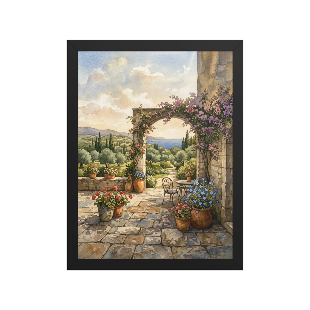 'Mediterranean Archway' — a Realism print. A rustic stone archway with purple flowers looking out over a serene landscape, a beautiful piece for a Sunroom / Conservatory.