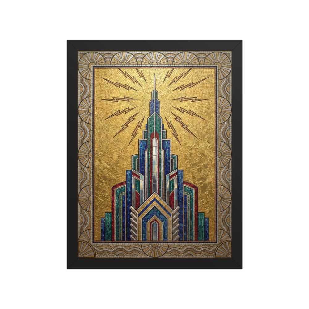 'The Golden Metropolis' — a Art Deco print. An Art Deco mosaic of a towering skyscraper emitting lightning bolts against a golden sky, perfect for a chic office space.