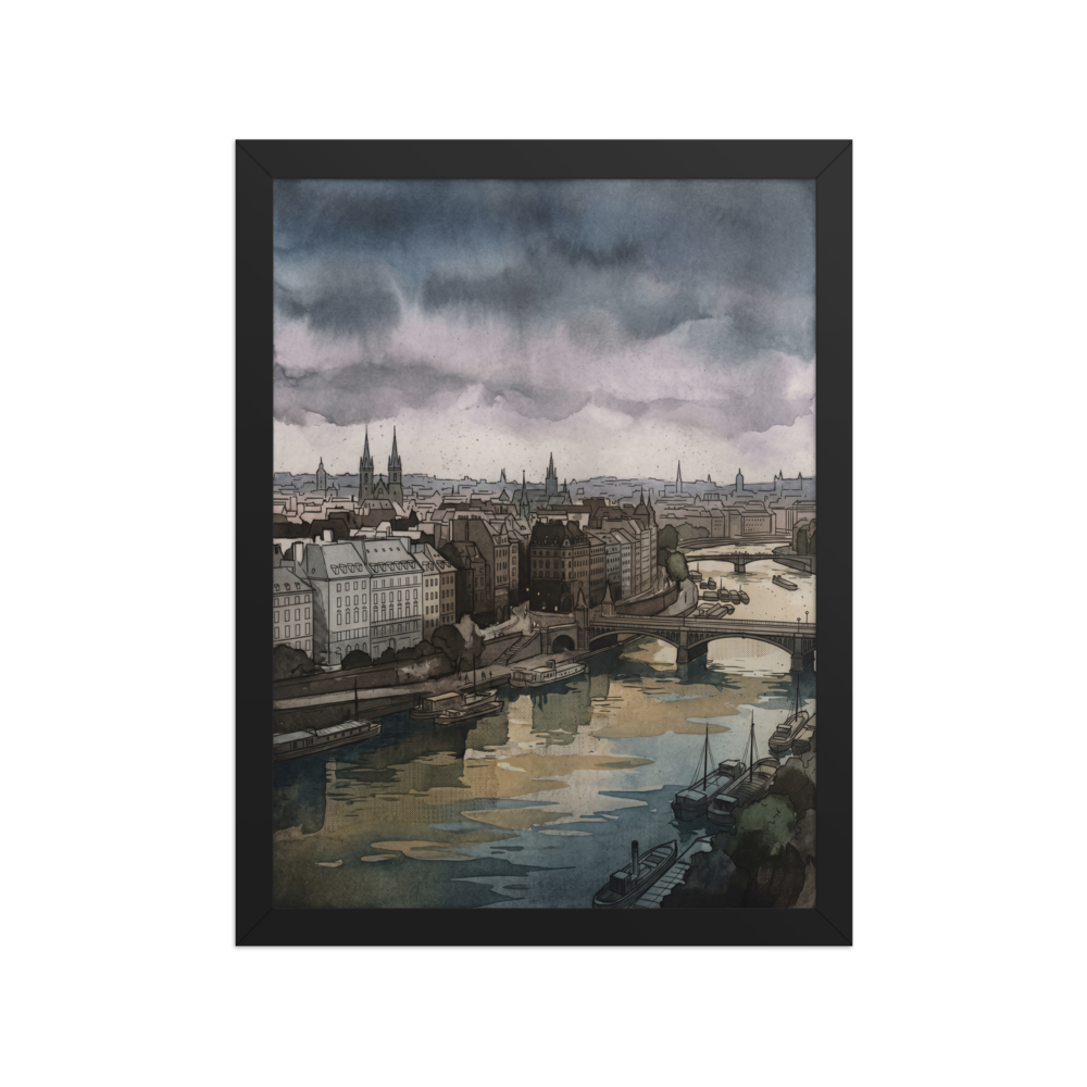'Twilight Over the Seine' — a Impressionism print. A moody cityscape with a river, bridges, and historical buildings under a dramatic sky, perfect for an Office or Library.
