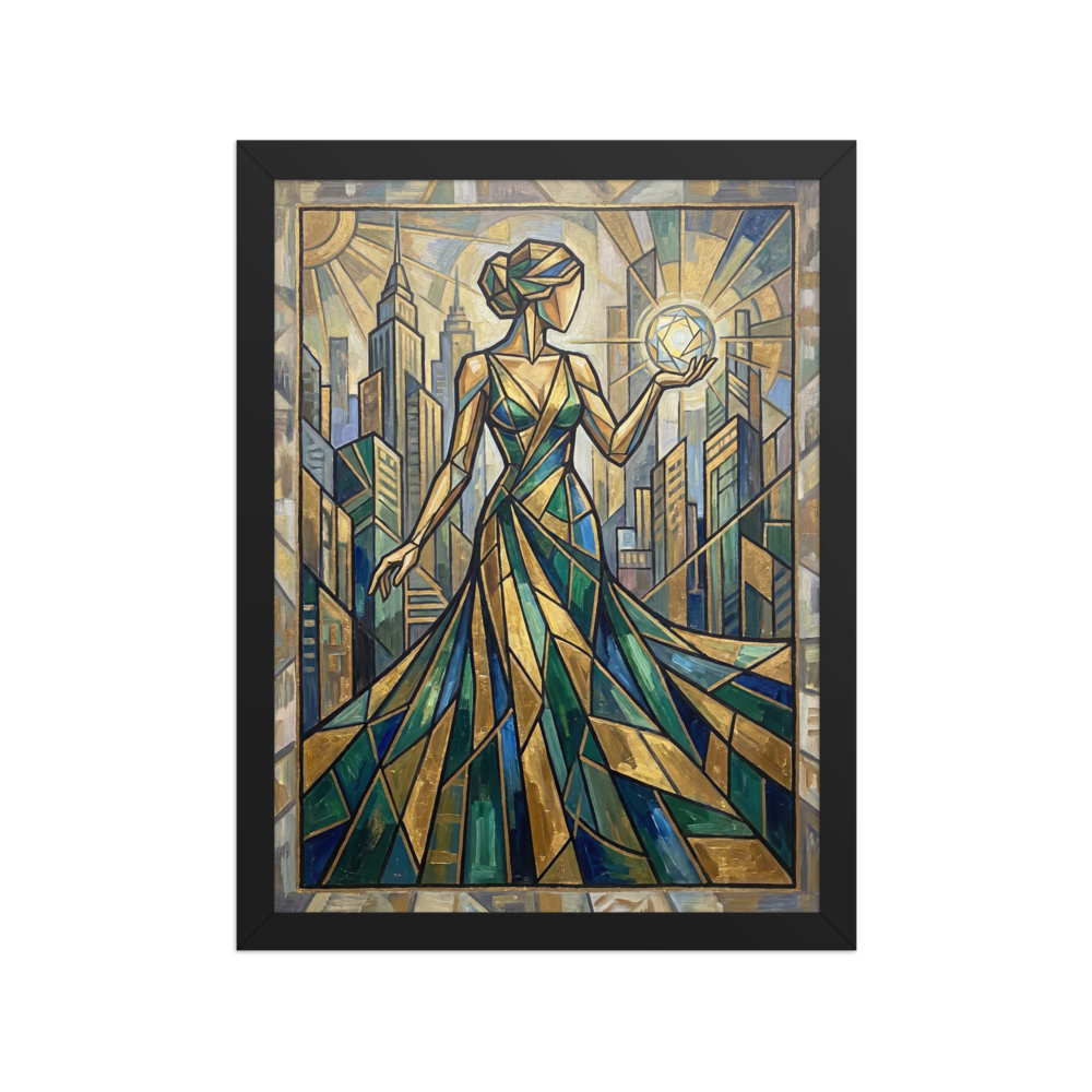 'City of Light' — a Art Deco print. An Art Deco painting of a stylized woman holding a glowing orb before a city skyline, ideal for an elegant living room.
