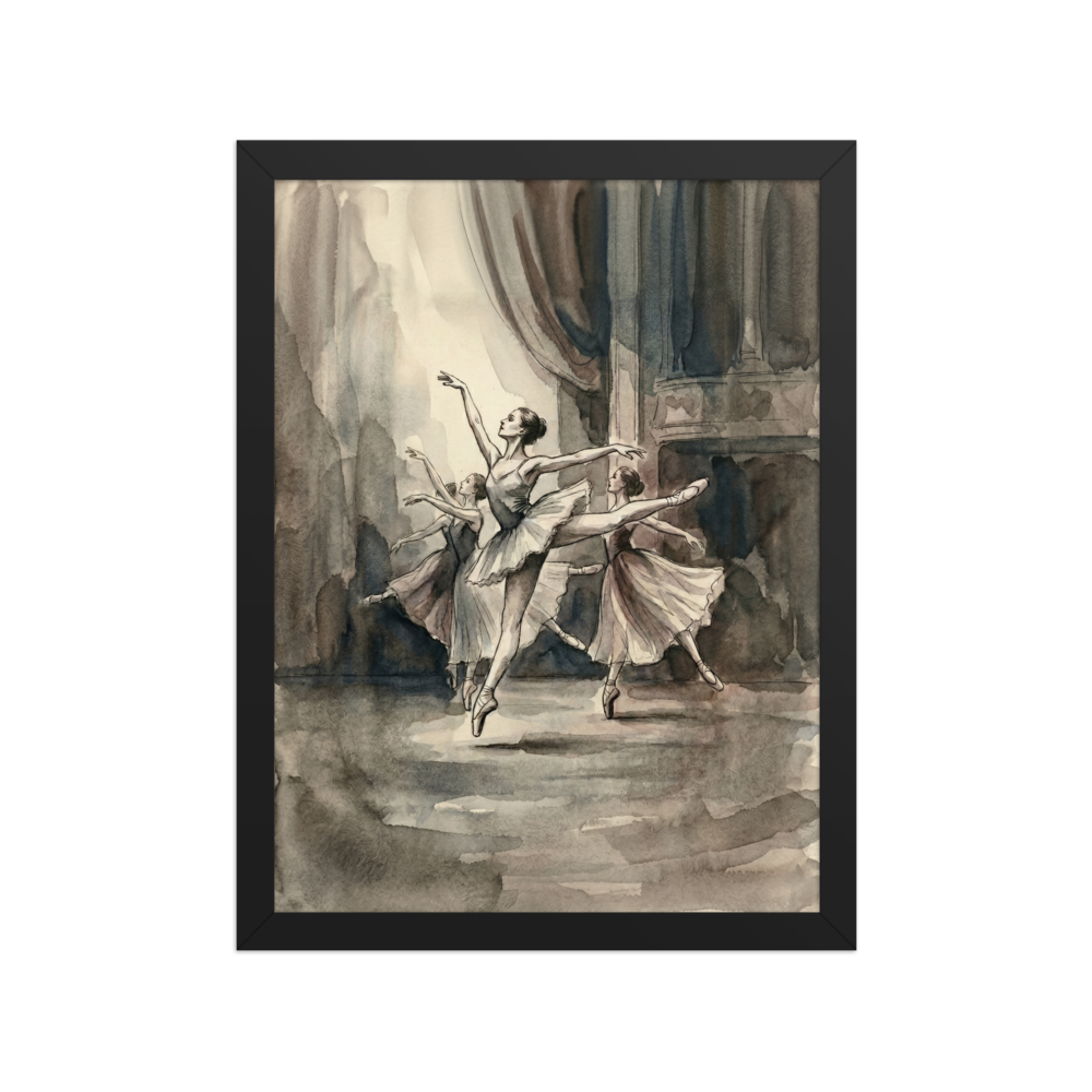 'En Pointe' — a Realism print. A monochromatic watercolor painting of ballet dancers performing gracefully, an elegant piece for a Bedroom or Studio.