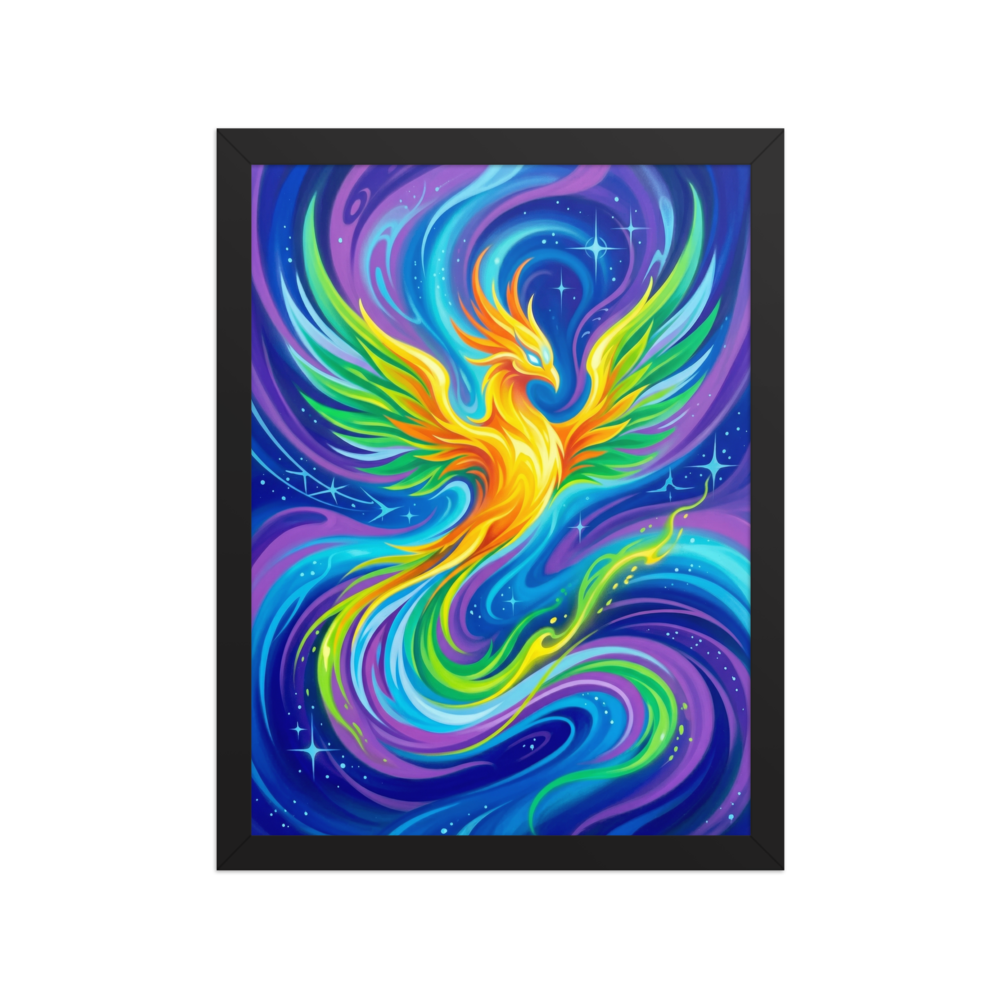 'Neon Phoenix' — a Psychedelic art print. A vibrant neon airbrush painting of a glowing phoenix in a cosmic sky, perfect for an exciting game room.