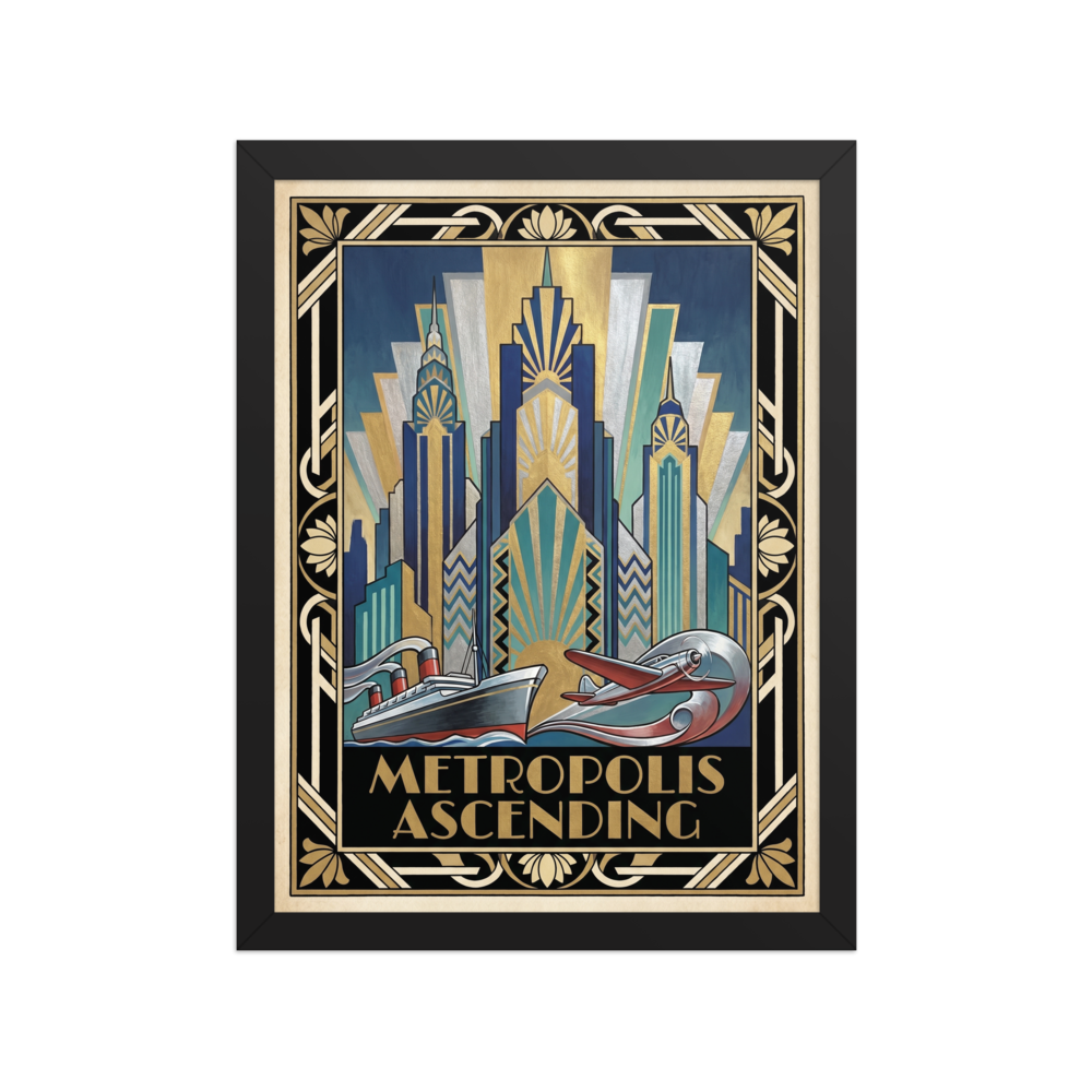 'Metropolis Ascending' — a Art Deco print. A dynamic Art Deco illustration featuring gold and blue geometric skyscrapers, an ocean liner, and an airplane, perfect for a lively office or living room.