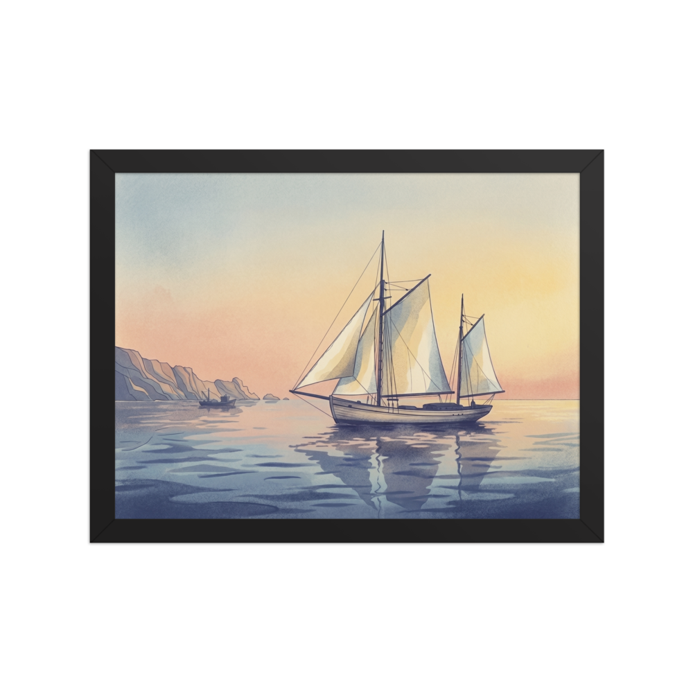 'Golden Voyage' — a Impressionism print. A serene watercolor of a sailboat on calm waters with a warm sunset sky and rugged coastline, a beautiful addition to a Living Room.