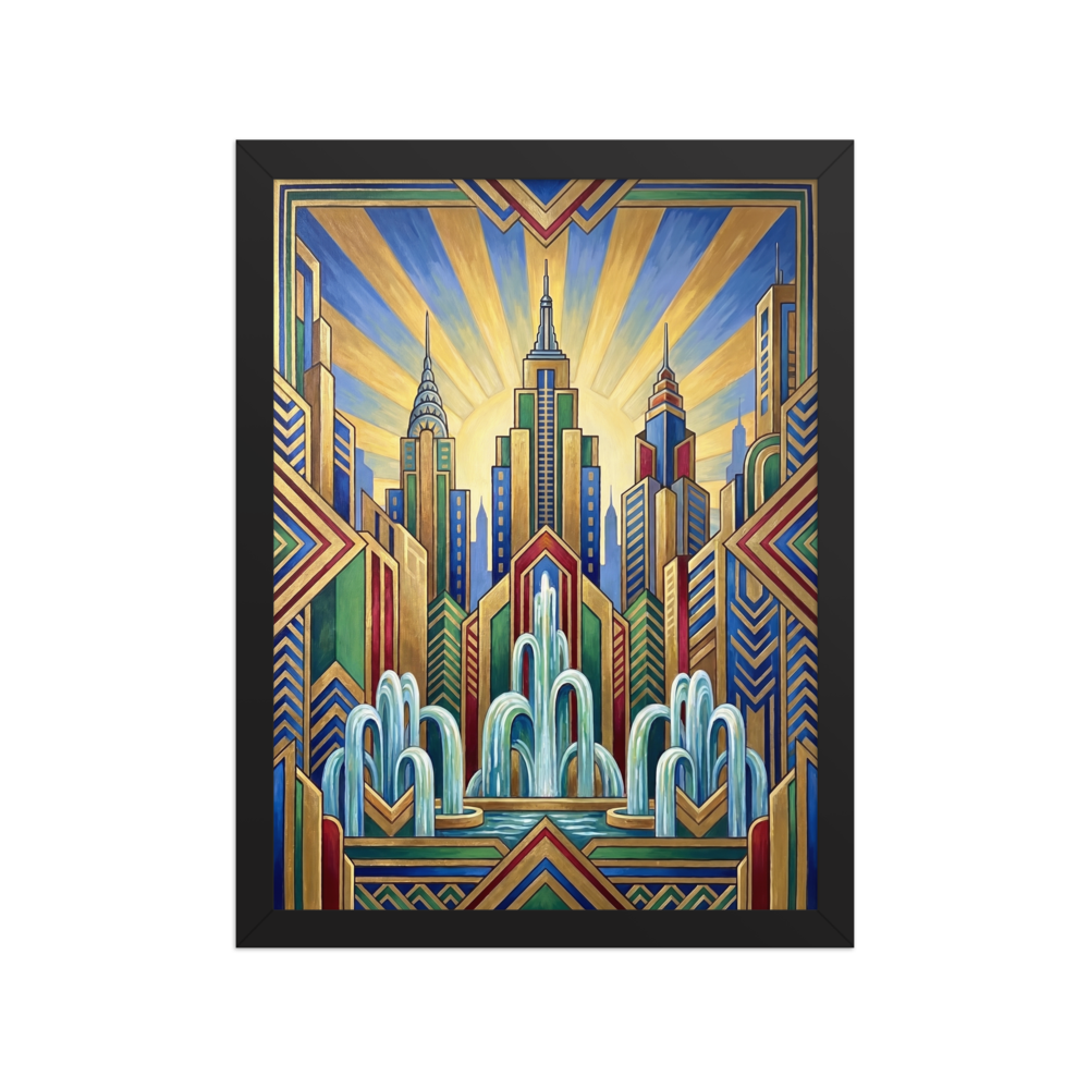 'The Fountain of Progress' — a Art Deco print. A colorful Art Deco painting of cascading fountains set against a geometric city skyline and a rising sunburst.