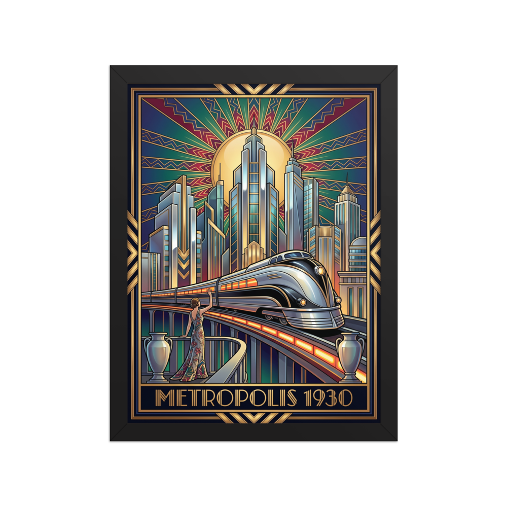 'Monochrome Metropolis' — a Art Deco print. A bold black and white Art Deco painting of a stylized city with cars and winding roads.