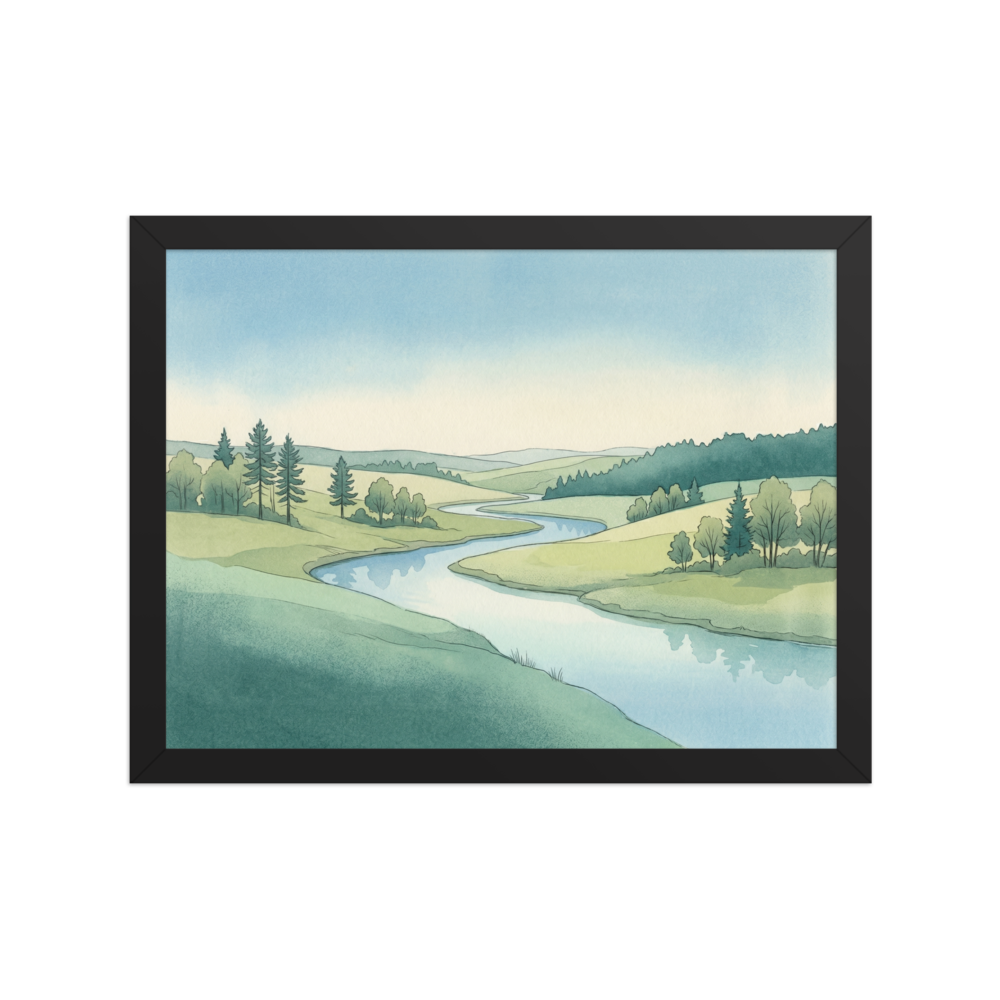 'Valley Stream' — a Realism print. Serene watercolor landscape of a winding river flowing through rolling green hills, perfect for a calm living room.