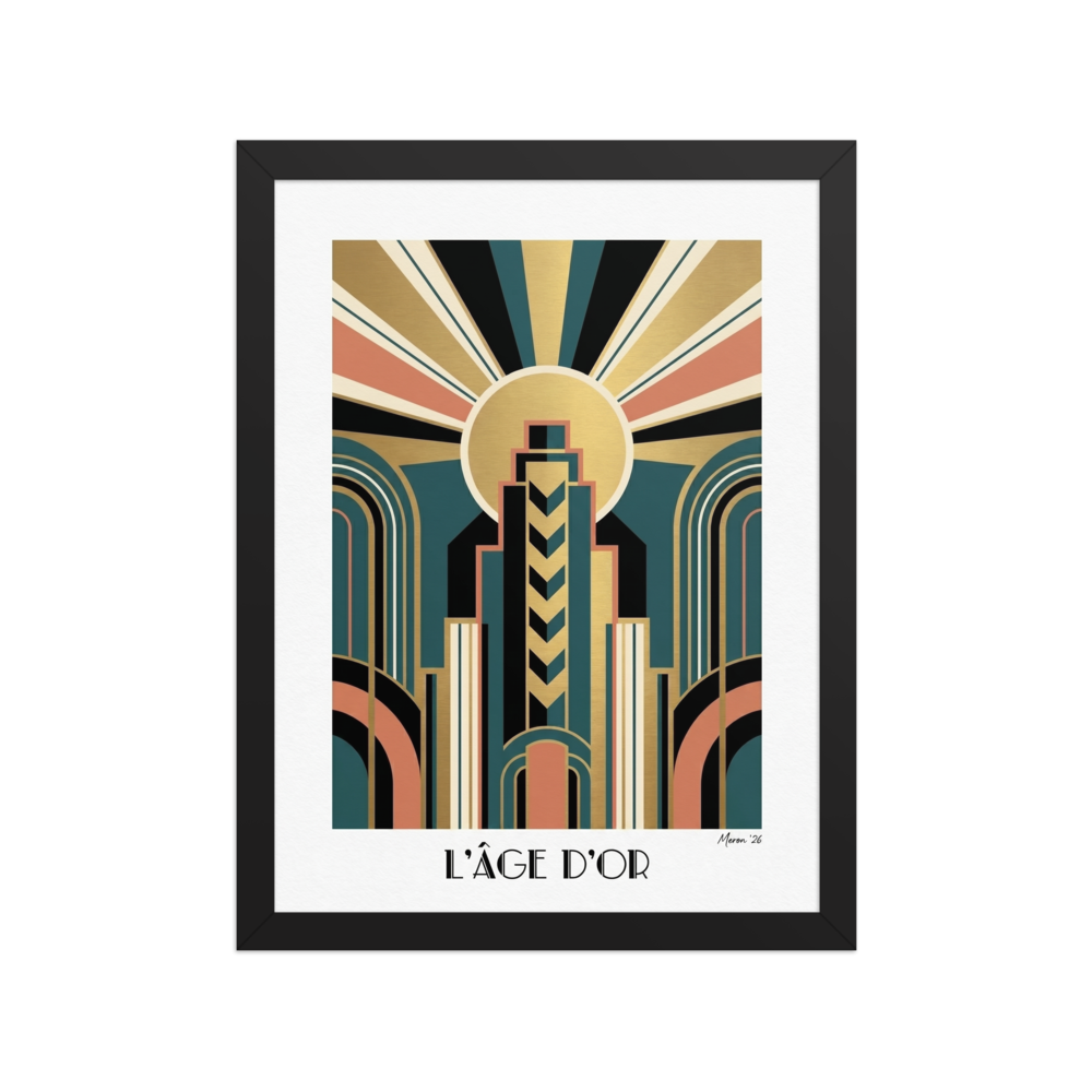'Metropolis 1930' — a Art Deco print. An Art Deco travel poster reading Metropolis 1930, showing a woman watching a sleek train pass by a glowing city.