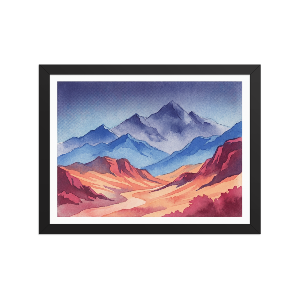 'Mountain Dawn' — a Realism print. Vibrant watercolor landscape painting showing cool blue mountain peaks rising above warm orange and red valleys, perfect for an inviting living room.