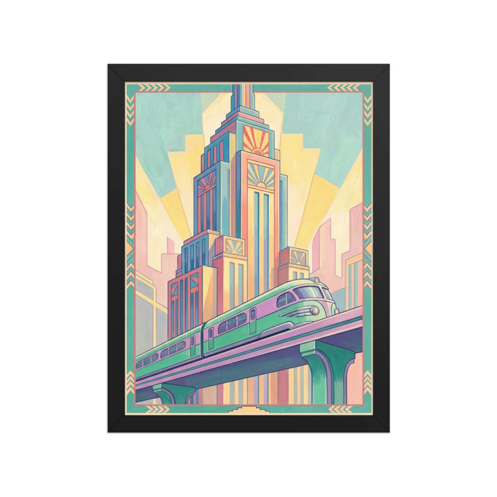 'The Pastel Express' — a Art Deco print. An Art Deco painting of a green and purple train passing by a tall skyscraper painted in soft pastel colors.