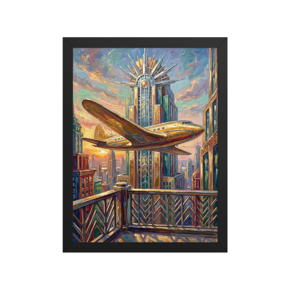 'Flight Over the Golden Tower' — a Art Deco print. A golden airplane flies past a towering, ornate skyscraper against a vibrant sunset in this striking piece, perfect for an office or living room.