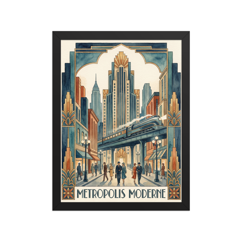 'Metropolis Moderne Stroll' — a Art Deco print. A watercolor illustration of people in vintage clothing walking down a grand city street beneath an elevated train, an elegant addition to a hallway or living room.