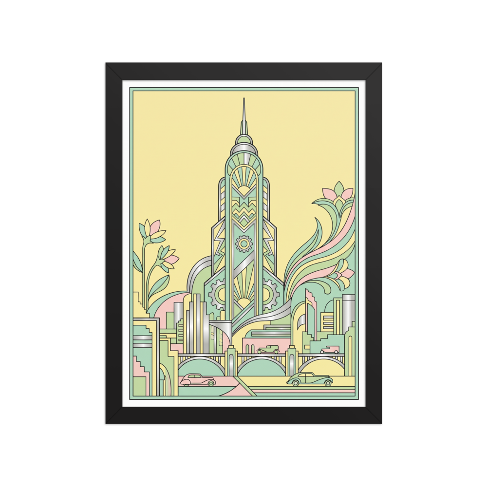 'The Emerald Spire' — a Art Deco print. A stylized, geometric tower surrounded by floral motifs in soft pastel shades, a striking piece for a bedroom or sunroom.