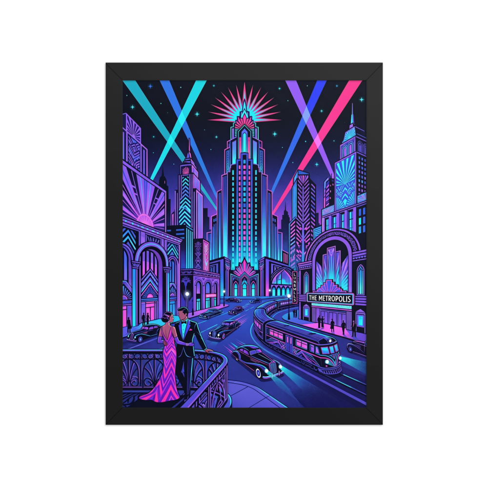 'Neon Nights at The Metropolis' — a Art Deco print. A vibrant neon cityscape featuring a glowing skyscraper, a vintage theater, and a stylish couple, a striking choice for a home bar or game room.