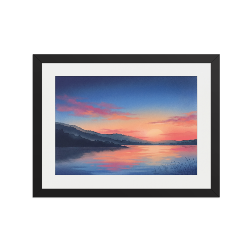 'Twilight on the Lake' — a Impressionism,Romanticism print. A serene sunset landscape with pink and orange skies reflecting on a calm lake, framed by dark mountain silhouettes.