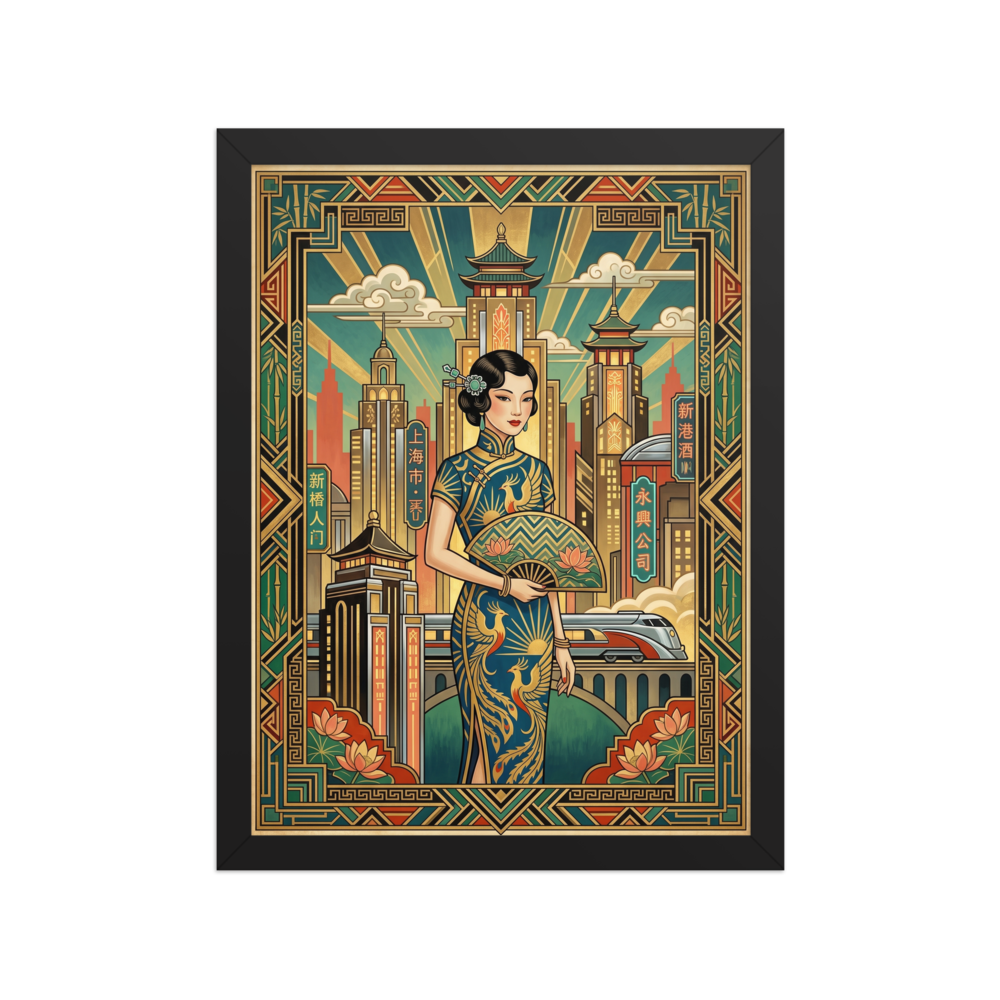 'Shanghai Moderne' — a Art Deco print. An intricate illustration of an elegant woman in a qipao standing before a blending of Art Deco skyscrapers and Chinese pagodas, a sophisticated choice for a living room.