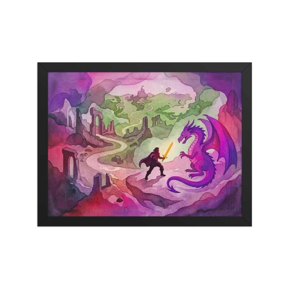'The Dragon's Challenge' — a Fantastic realism print. A vibrant watercolor fantasy scene showing a knight with a glowing sword facing a purple dragon, with a winding path leading to a distant castle.