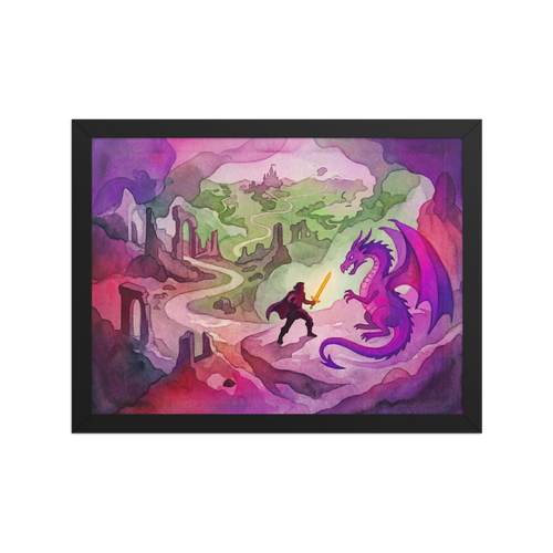 'The Dragon's Challenge' — a Fantastic realism print. A vibrant watercolor fantasy scene showing a knight with a glowing sword facing a purple dragon, with a winding path leading to a distant castle.