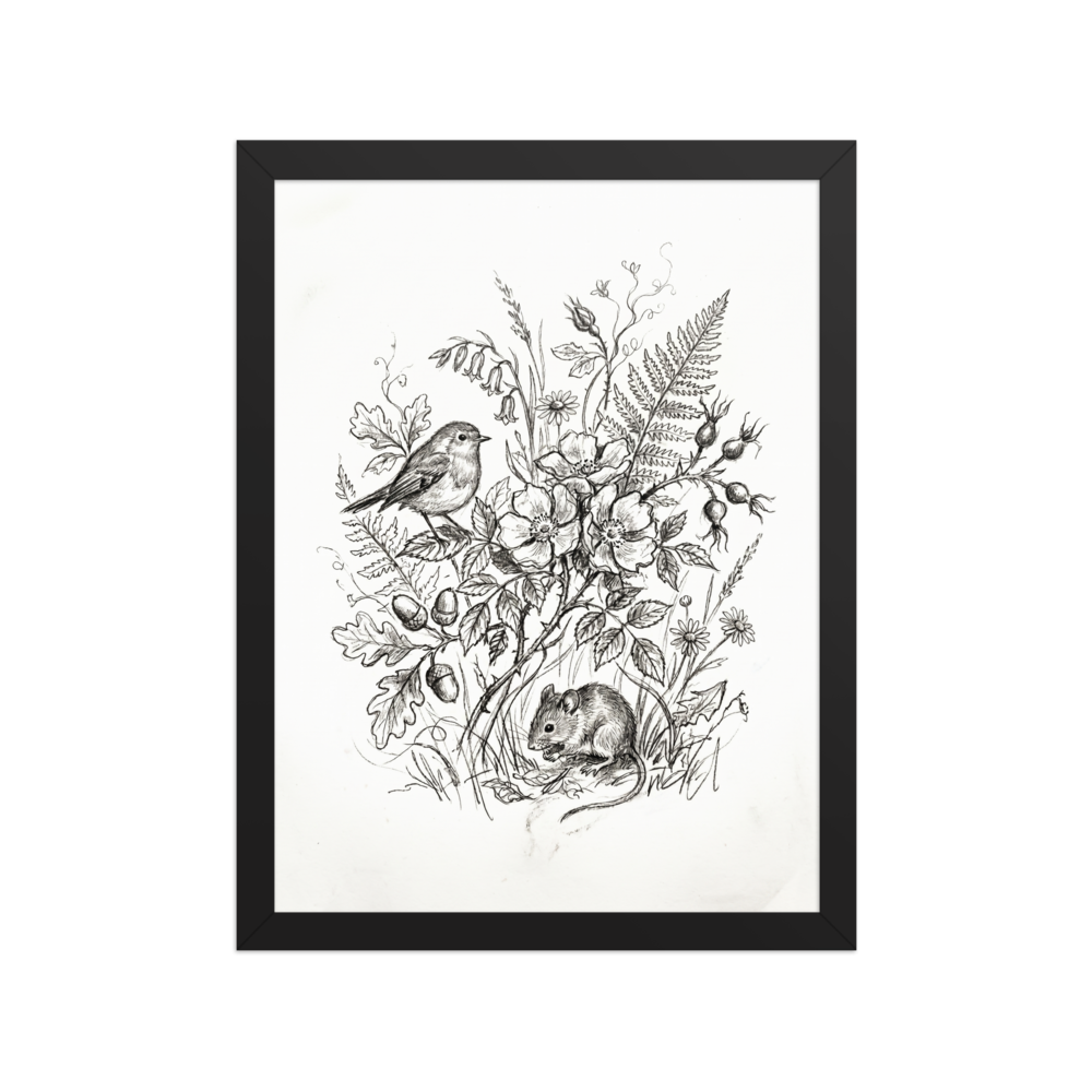 'Forest Companions Sketch' — a Realism print. Pencil sketch of a robin perched on a rose bush and a mouse on the ground.