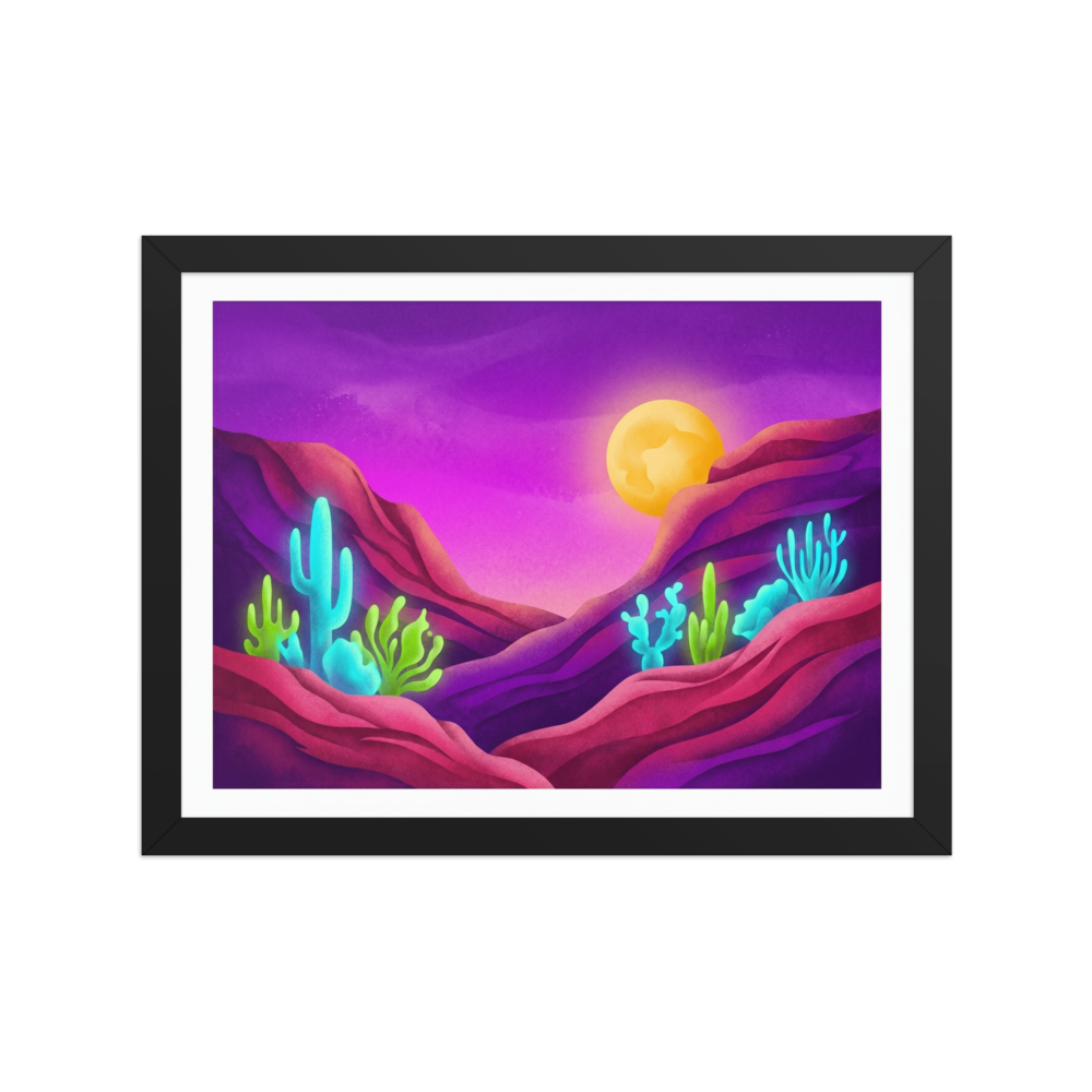 'Bioluminescent Desert' — a Surrealism,Psychedelic art print. A vividly colored surreal desert landscape at night with a glowing moon, purple skies, and glowing neon blue and green cacti.