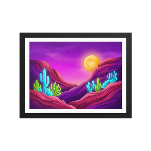 'Bioluminescent Desert' — a Surrealism,Psychedelic art print. A vividly colored surreal desert landscape at night with a glowing moon, purple skies, and glowing neon blue and green cacti.