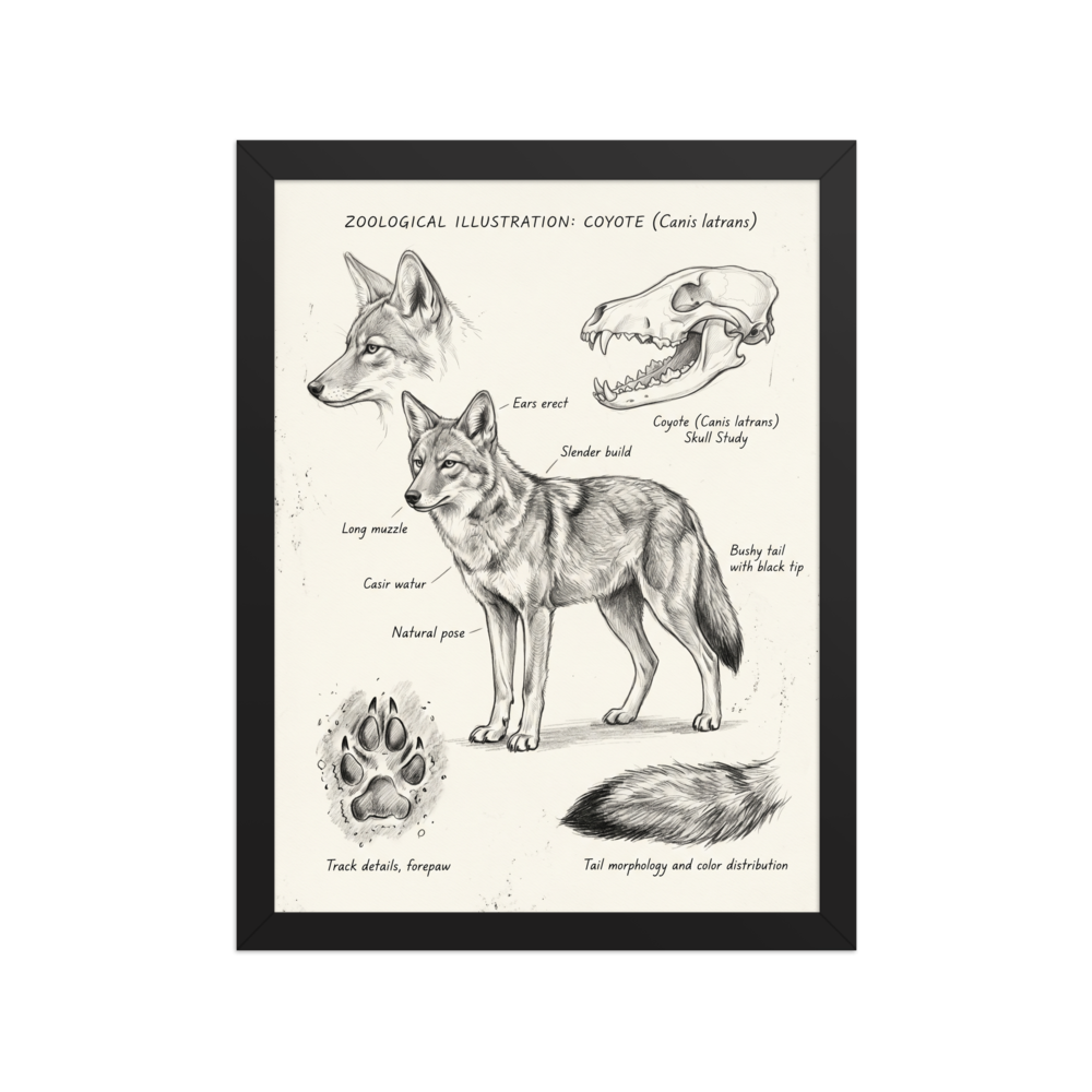 'Coyote Zoological Study' — a Academic art,Realism print. Detailed illustration of a coyote with anatomical details of its skull, tail, and paw prints.