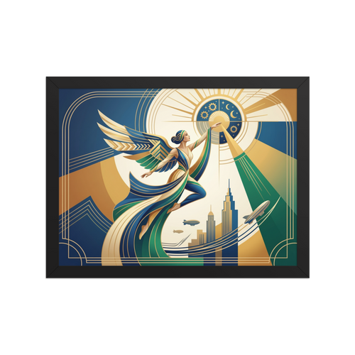 'Celestial Flight' — a Art Deco print. A modern Art Deco woman with wings reaching toward a stylized sun against a city skyline, perfect for a chic Office.