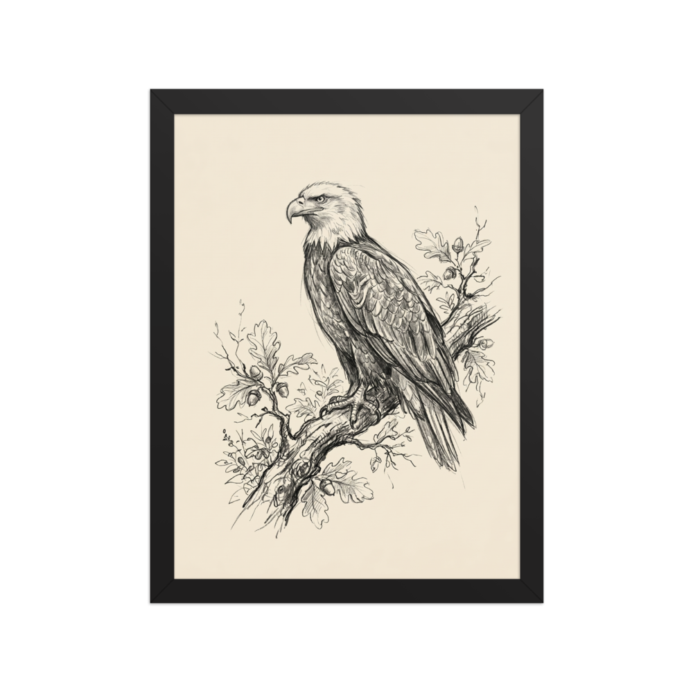 'Eagle on Oak Branch Sketch' — a Realism print. Pencil sketch of a bald eagle perched on an oak branch with leaves and acorns.