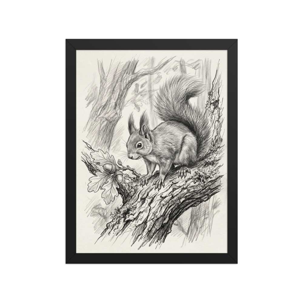 'Squirrel and Acorns Sketch' — a Realism print. Pencil sketch of a squirrel sitting on a branch next to oak leaves and acorns.