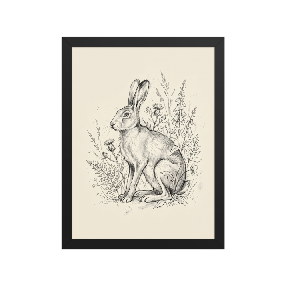 'Hare in the Thistles Sketch' — a Realism print. Pencil sketch of a hare sitting among ferns and thistles.