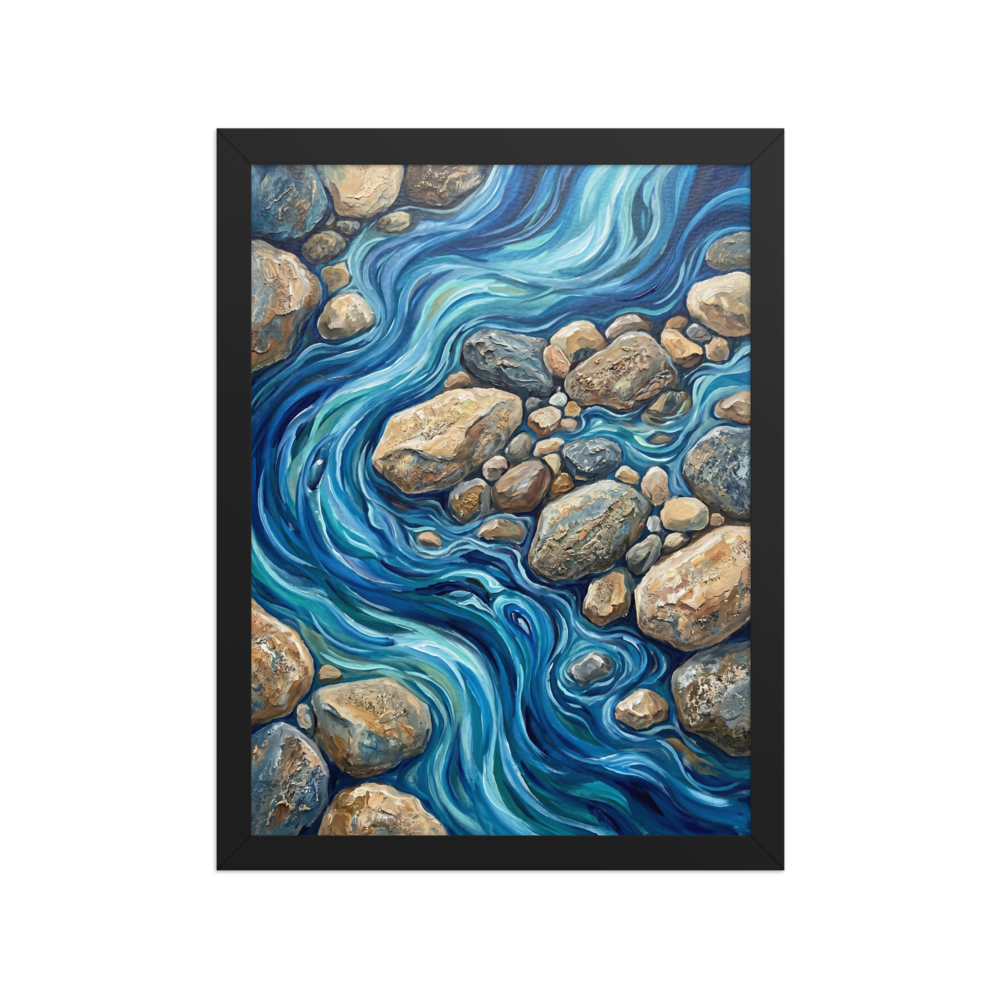 'Riverbed Rhythms' — a Abstract expressionism print. A dynamic abstract painting of a flowing blue river winding through textured stones, perfect for adding a calming touch to a Living Room.