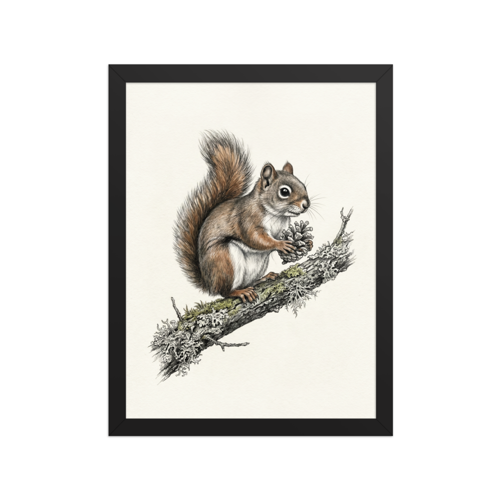 'Red Squirrel with Pinecone' — a Academic art,Realism print. Detailed colored illustration of a red squirrel sitting on a branch holding a pinecone.