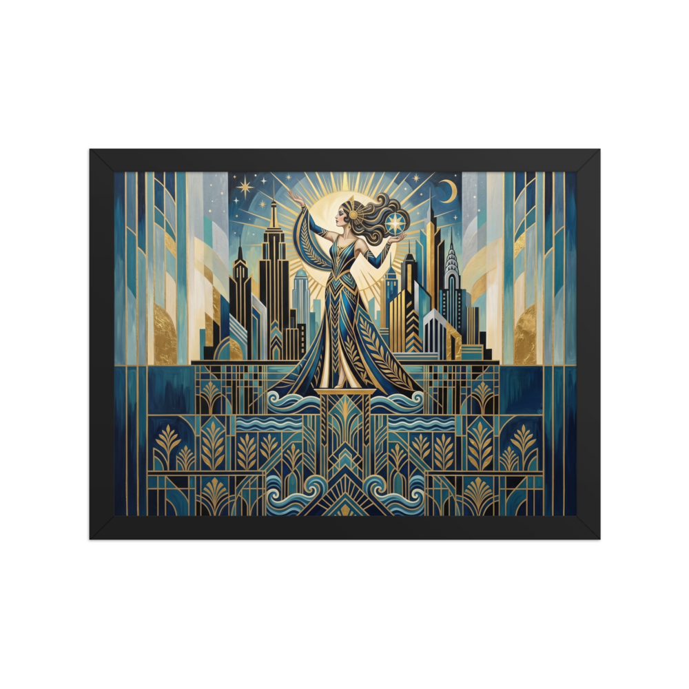 'Golden Metropolis' — a Art Deco print. A stylized Art Deco illustration of an elegant woman holding a star against a city skyline, perfect for bringing vintage glamour to a living room.