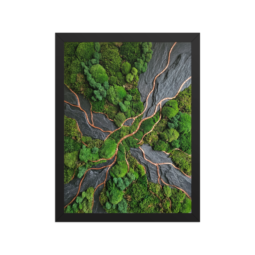 'Moss and Slate' — a Environmental art,Assemblage print. A textured wall art piece featuring green moss, dark slate stones, and copper veins, ideal for an Office.
